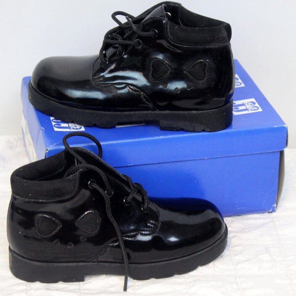 Vtg Jumping Jacks Blac Boots 11.5 M Girl Heart to Heart Shiny Chukka Rain Patent